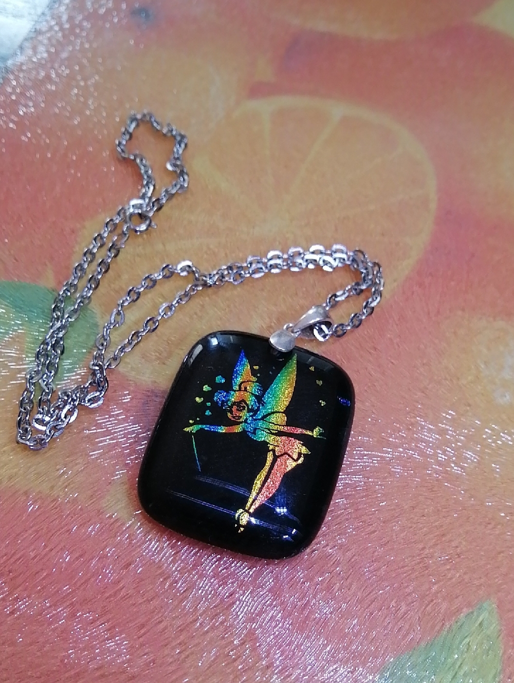 Tinkerbell Holographic Silver 925 Bail Pendant OnChain Necklace 17" Long